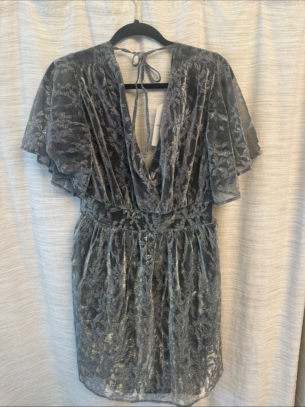 NWT Sheer Metallic Black Floral Low V-Neck Dress with low v-neck back